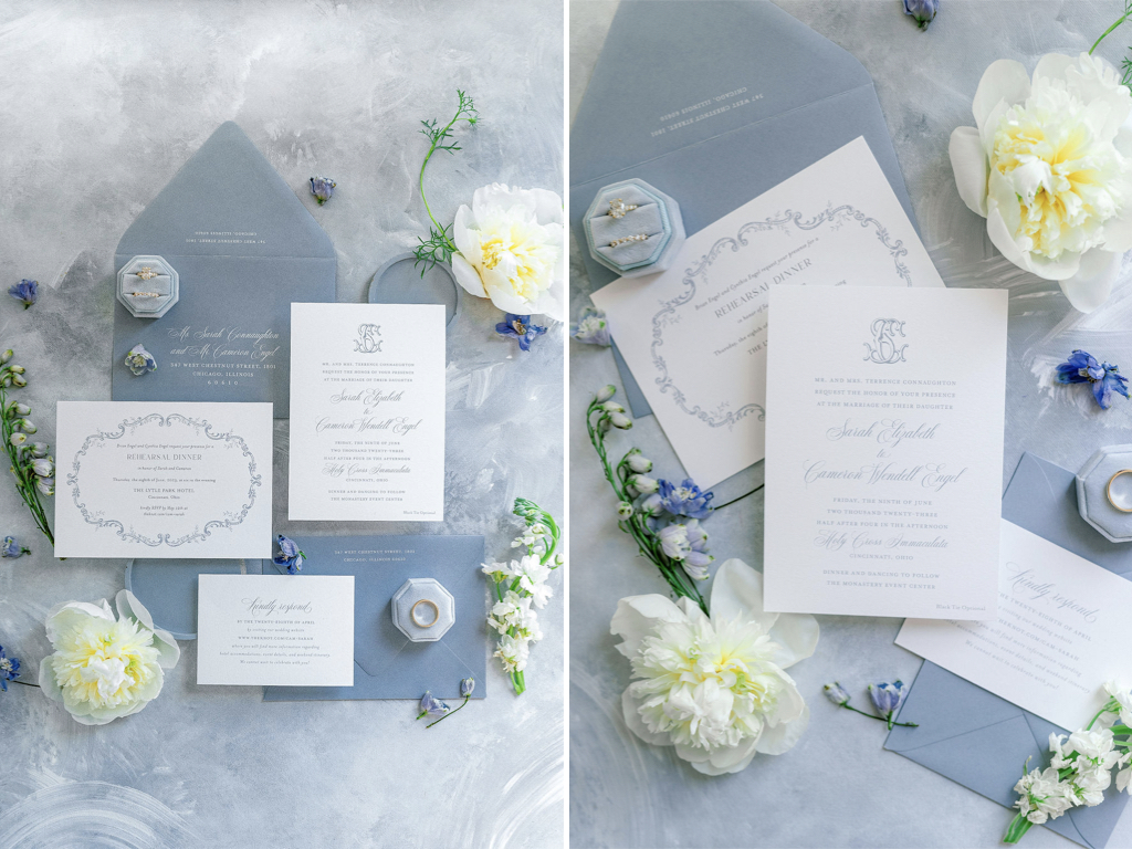 blue and white invitation suite