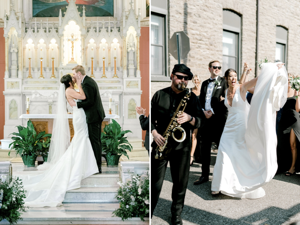 Bride and groom share a first kiss, then dance up the street toward Monastery Event Center
