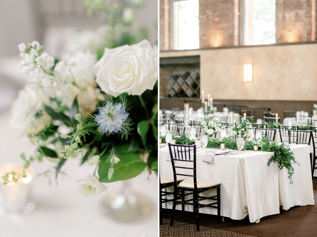 White and green florals on a white linen