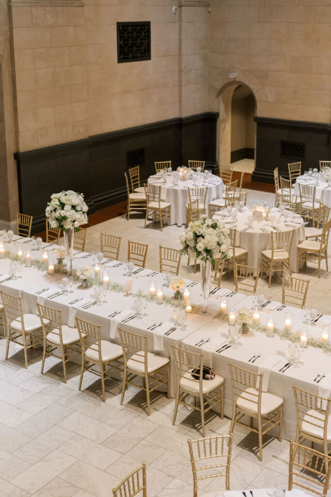 Elegant reception setup in the Grand Hall at the Cincinnati Art Museum.