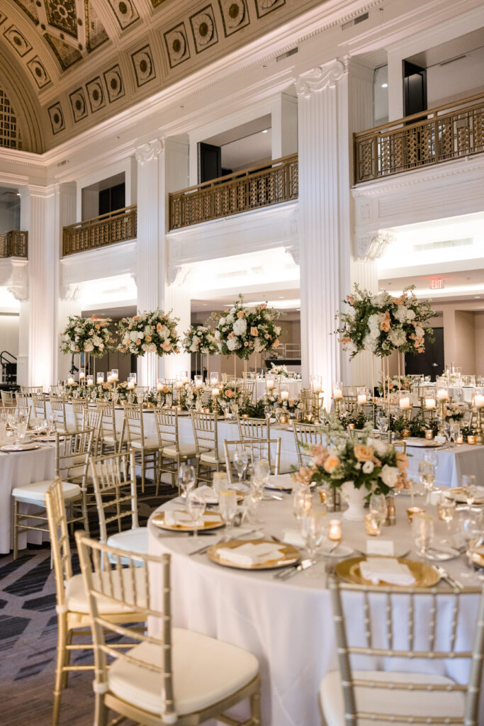 Elegant ballroom reception at the Renaissance Hotel, a downtown Cincinnati wedding venue